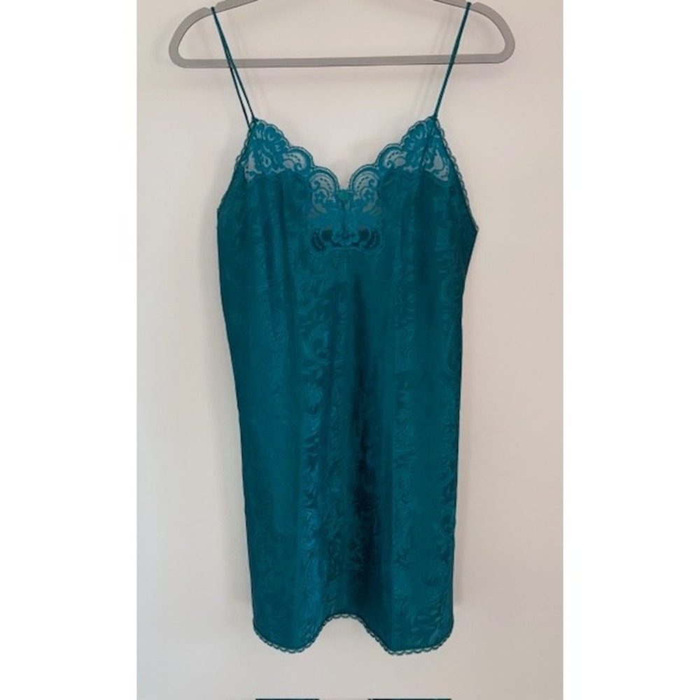 Vintage Deena Teal Jacquard Floral Lace Trim Chemise Slip Dress Size 36 8007R